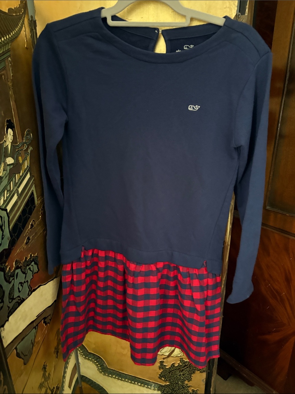 Vineyard Vines Navy Long-Sleeve Top with Red Plaid Skirt Hem